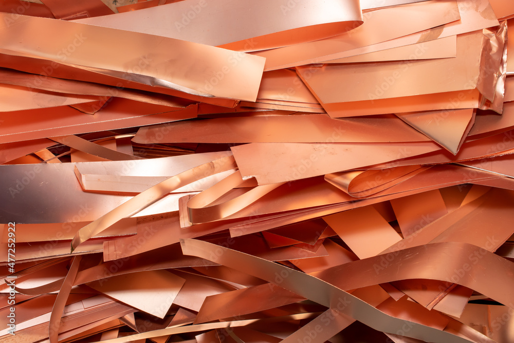 Copper sheet scraps, copper waste for recycling - obrazy, fototapety, plakaty 