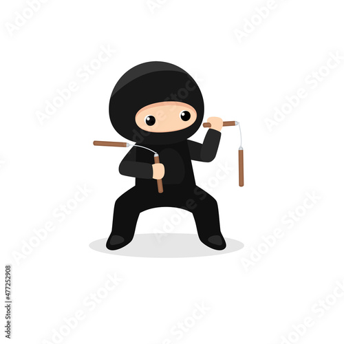 Cute ninja with nunchaku isolated on white background