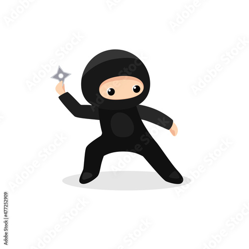 Cute ninja with shuriken isolated on white background