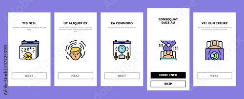 Insomnia Person Chronic Problem Onboarding Mobile App Page Screen Vector. Remaining Passively Awake And Difficulty Falling Asleep At Night, Insomnia Stimulus Control And Light Therapy Illustrations