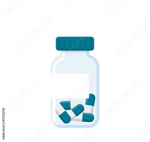 Medical drugs glass bottles, pills and capsules vector isolated on white background