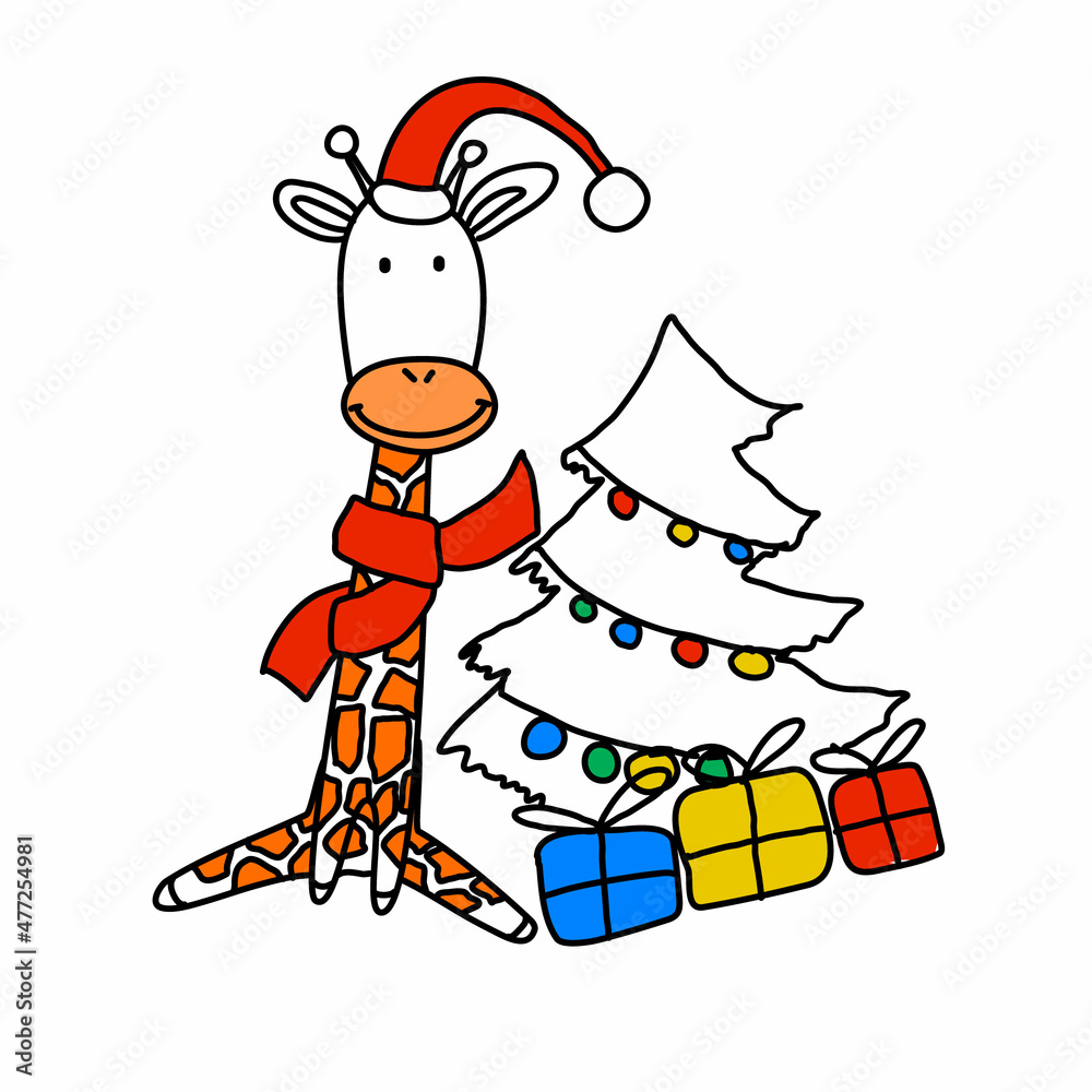 a happy giraffe is sitting with gifts near the Christmas tree, isolated in the style of doodles. A greeting card for the new year. Vector illustration
