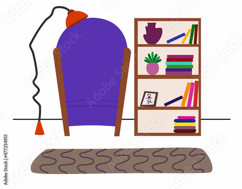 The interior of a cozy living room. Comfortable armchair, bookshelf, floor lamp and carpet. Vector flat illustration