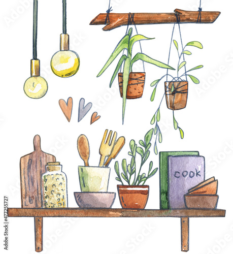 Kitchen design shelf flowers lamp cutlery books bowl cutting board recipes watercolor set isolated