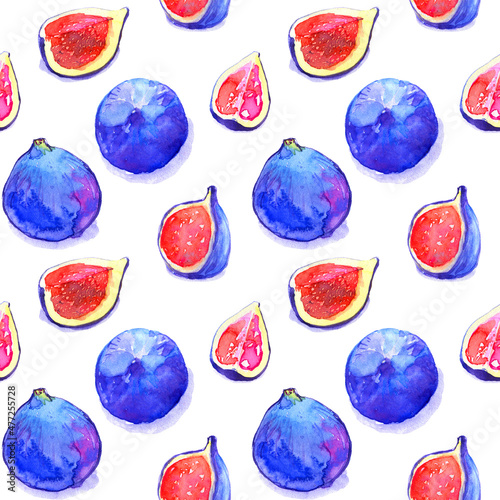 Fig fruit fruits tropical slice sweet summer sunny blue red bright colorful pattern watercolor seamless