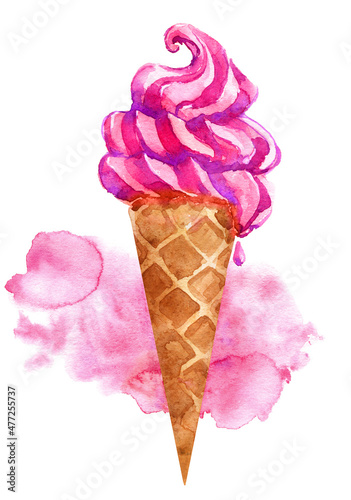 ice cream waffle cone summer delicious cafe pink strawberry raspberry isolated watercolor