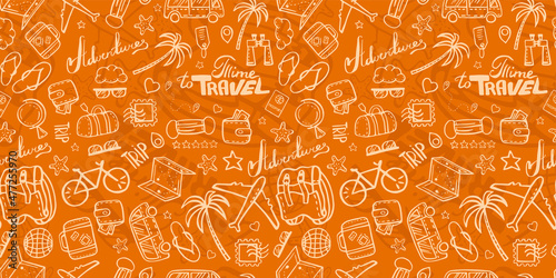 seamless pattern of illustration with doodles on theme of time for travel. Colorful background on the theme of adventure and travel, wandering