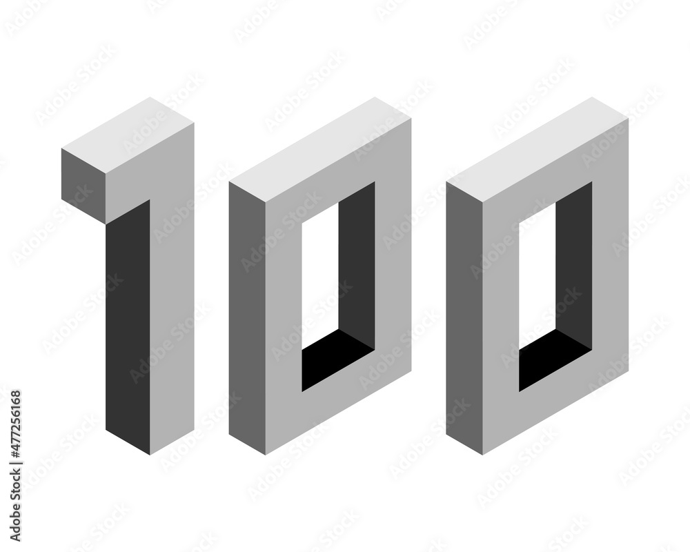Gray number 100 in isometric style. Isolated on white background. Learning numbers, serial number, price, place. Gray number 100 in isometric style. Isolated on white background. Learning numbers, serial number, price, place.