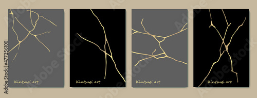 Kintsugi art style template. A4 design poster Abstract golden crack texture pattern on black backdrop. Japanese vintage traditional craft Gold craquelure grey background. Vector illustration