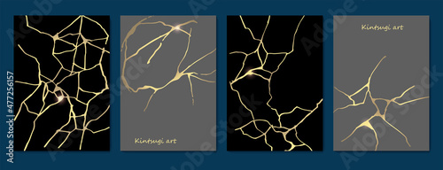 Kintsugi art style template. A4 design poster Abstract golden crack texture pattern on black backdrop. Japanese vintage traditional craft Gold craquelure grey background. Vector illustration