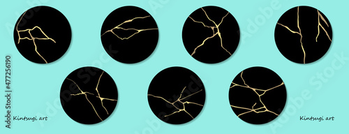 Kintsugi art style template. A4 design poster Abstract golden crack texture pattern on black backdrop. Japanese vintage traditional craft Gold craquelure azure background. Vector illustration