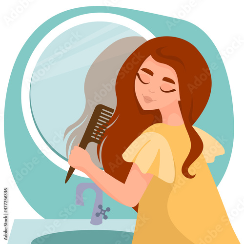 Lovely girl combing her long hair near mirror in bathroom. Concept of Beauty, Hair care , hair health, morning routine. Woman hairstyle by comb. Vector cartoon illustration.