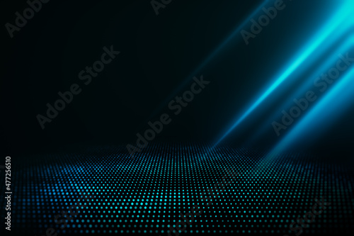 Fototapeta Creative dark digital backdrop with glowing blue light and mock up place