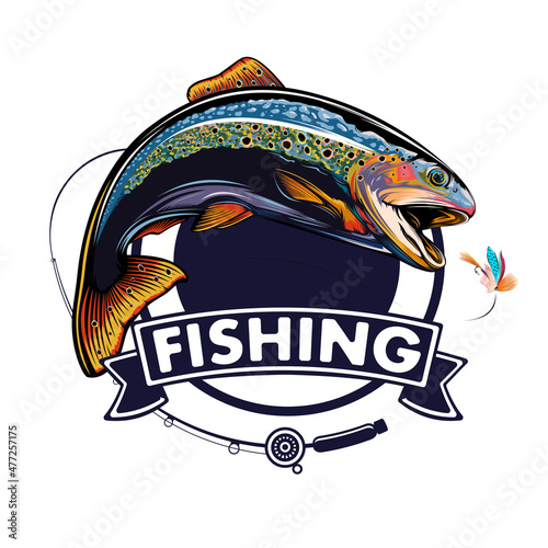 Rainbow trout jumping out water.Salmon isolated on white background. Concept art for horoscope, tattoo or colouring book.