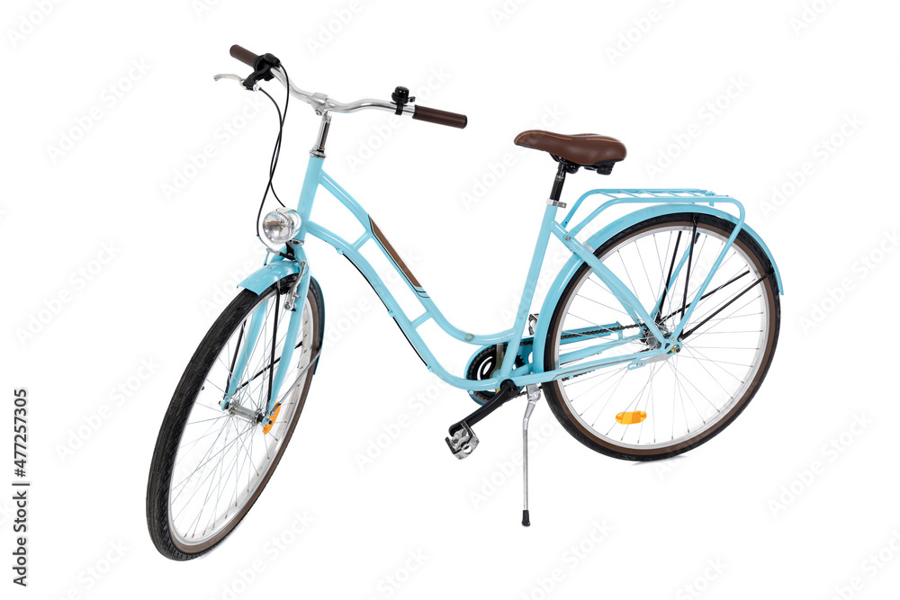 Blue womens bicycle Isolated on white background. Retro Vintage Ladies Bike.