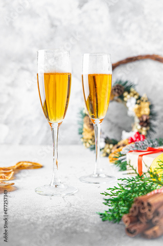 champagne in transparent glasses sparkling drink holiday cocktail White wine sweet dessert copy space food background rustic. top view 