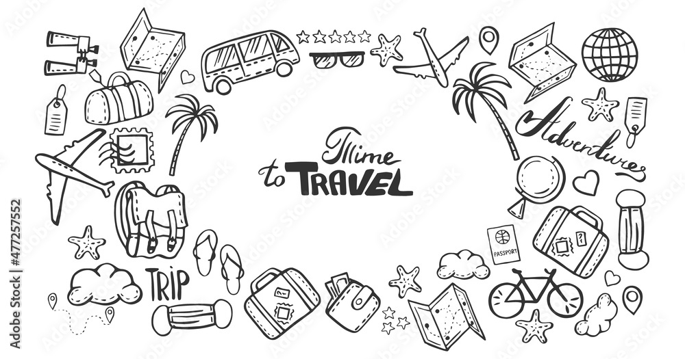 doodle illustrations on theme of time to travel. The illustrations are isolated on a white background.