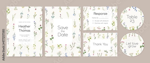 Floral wedding cards and labels set. Invitations and tags backgrounds with flowers frames. Spring romantic Save the Date, RSVP templates designs for marriage party. Flat graphic vector illustrations