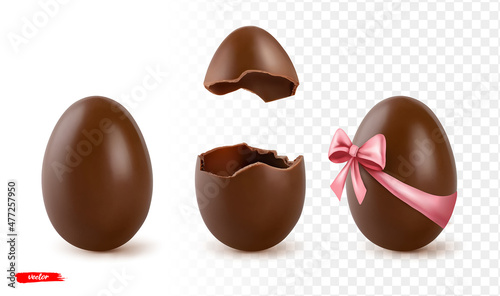 Set of Easter eggs with chocolate pieces and pink ribbon bow isolated on transparent background. Realistic vector illustration of Easter egg.