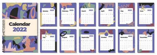 Monthly calendar with abstract shapes. Start from Sunday. Blue color of the year 2022