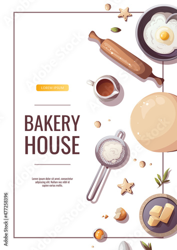 Flour, eggs, butter, dough, rolling pin, baking elements. Baking, bakery shop, cooking, sweet products, dessert, pastry concept. A4 Vector illustration for poster, banner, flyer, advertising.