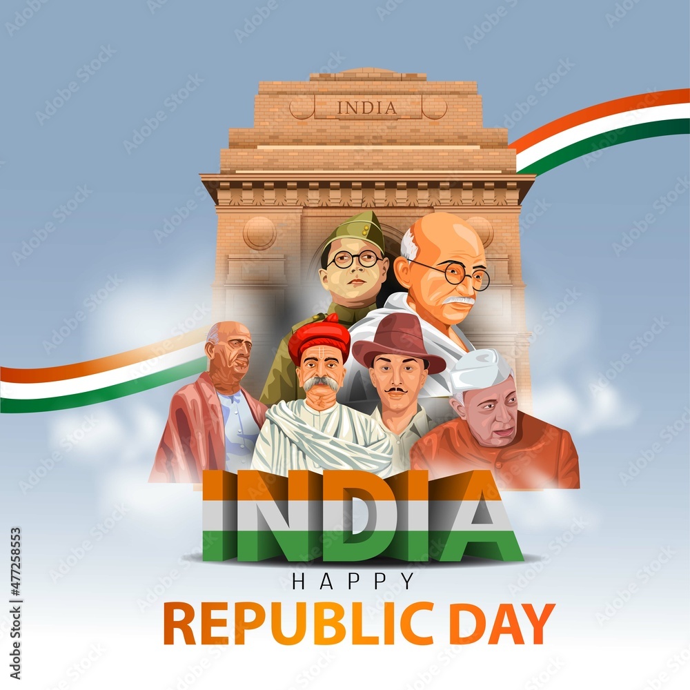 happy republic day India. freedom fighters with India gate vector ...