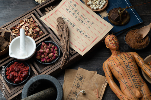Принти на полотні Acupuncture models and medical books are on the table
