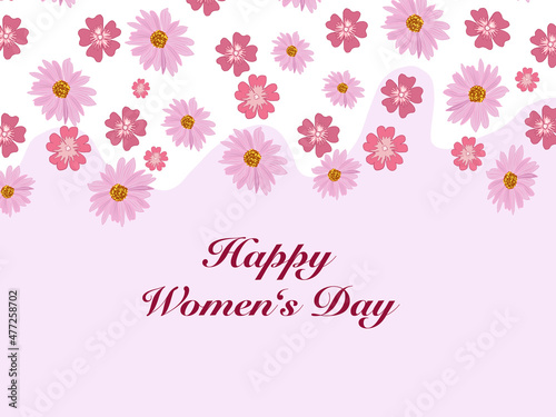 Festive greeting card for March 8. The inscription "Happy Women's Day". Floral light background of pink flowers. Place for your text.
