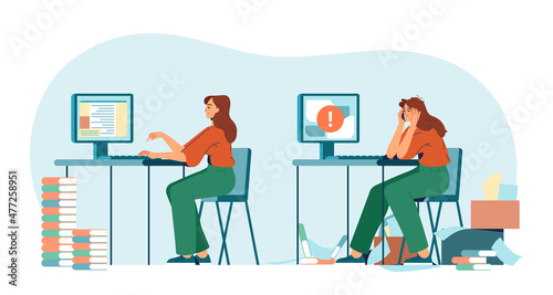 Full of energy and tired exhausted woman office worker at workplace. High and low energy levels. Professional burnout syndrome. Flat concept of stress, overworked, tiredness and mental health problems