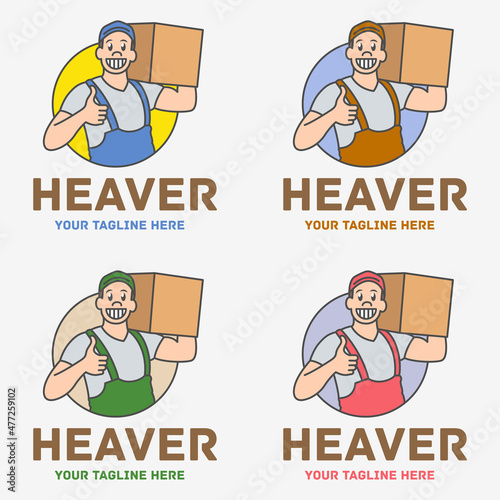 A man holding a cardboard box. Heaver or loader logo in four color modes. Apartment moving service sign.