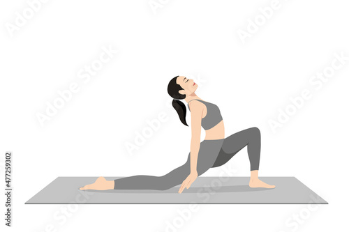 Low Lunge Pose, Crescent Low Lunge Pose, Crescent Moon Pose. Beautiful girl practice Anjaneyasana. Young attractive woman practicing yoga exercise. working out, black wearing sportswear, grey pants