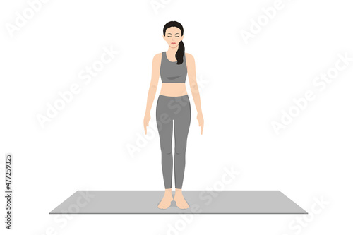 Mountain Pose, Equal Standing Pose, Prayer Pose. Beautiful girl practice Tadasana, Samasthiti. Young attractive woman practicing yoga exercise. working out, black wearing sportswear, grey pants © About time