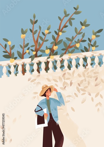 Happy woman walking alone in city on summer holidays. Carefree relaxed person during summertime urban stroll at noon. Modern female enjoying weekend and warm weather. Flat vector illustration