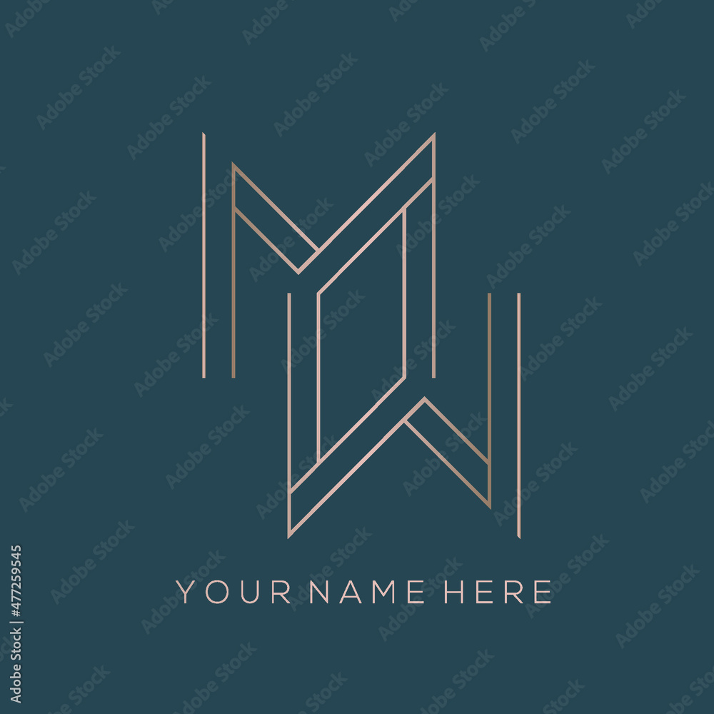 MM monogram logo.Letter m typographic icon.Lettering sign isolated on dark background.Alphabet initials.Modern, design, geometric, minimalist, web, tech style rose gold characters.
