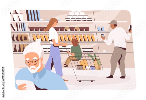 People shopping in grocery store. Customers with carts and trolleys choose and buy food in supermarket. Buyers walk in hypermarket aisle, make purchases in produce department. Flat vector illustration