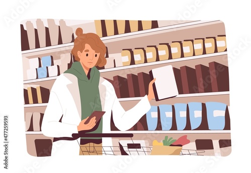 Customer choosing and buying food with smartphone in grocery store, taking product from supermarket shelf. Woman buyer making purchases according to shopping list on phone. Flat vector illustration