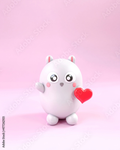 Creative 3D model cute little creature that gives love red heart. Perfect Valentine gift. Pastel pink background.