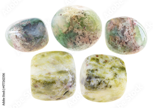 set of various Moss Agate stones cutout on white