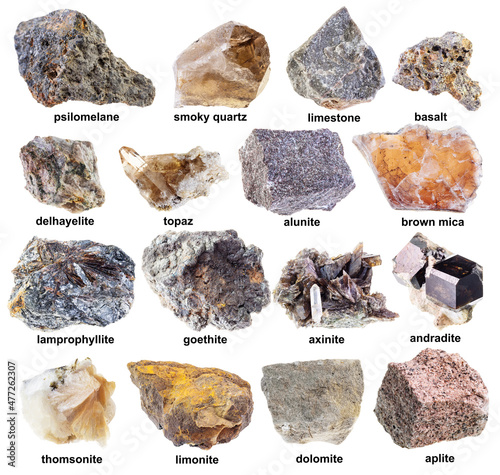 set of various brown unpolished minerals with name photo