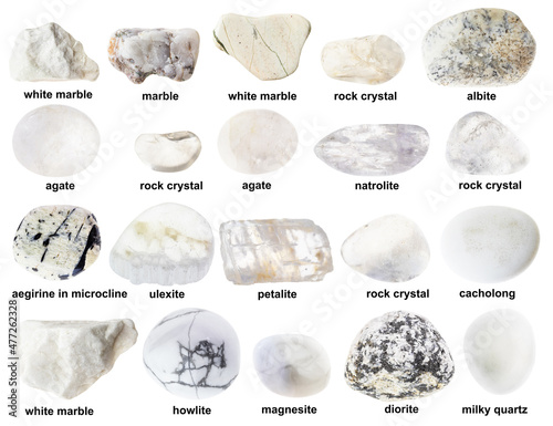 set of various polished white rocks with names photo