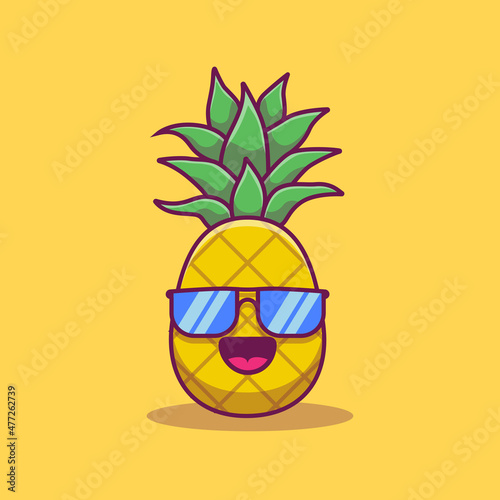 Cute Pineapple Wearing Glasses Cartoon Vector Icon Illustration. Summer Fruit Icon Concept Isolated Premium Vector. Flat Cartoon Style
