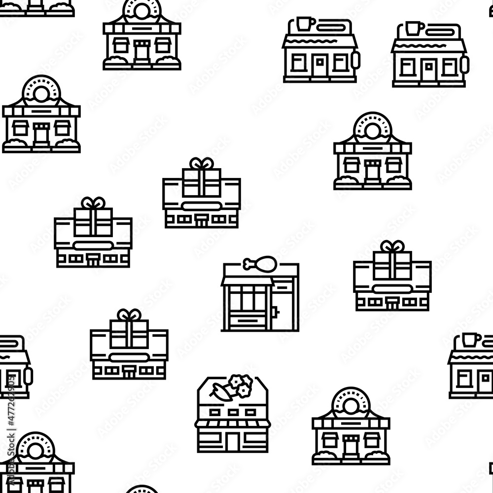Building Restaurant And Store Vector Seamless Pattern Thin Line Illustration