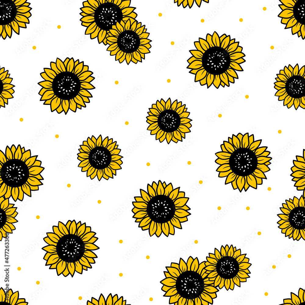 Seamless pattern with sunflowers. Hand drawn vector illustration. Texture for textile, fabric, print, packaging.