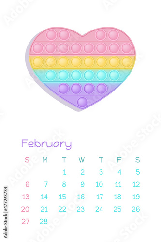 Pop it pastel February for calendar 2022 with fidget toys figures. Vector illustration in popit style as fashionable silicone toy for fidgets. Printable wall vertical calendar. Part of the set.