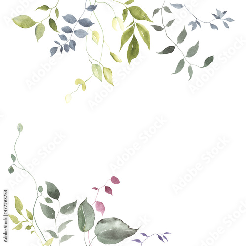 Delicate foliage frame with colored leaves on white background, watercolor border for your floral invitation or greeting cards, spring banner or wedding card, garden design illustration.