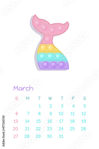Pop it pastel March for calendar 2022 with fidget toys figures. Vector illustration in popit style as fashionable silicone toy for fidgets. Printable wall vertical calendar. Part of the set.