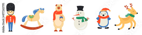 Set of cute Christmas characters isolated on white background. Vector illustration.