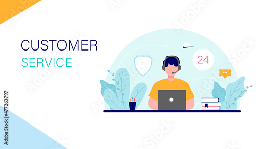 Landing page template. Online support, customer service, call center. Assistant sitting in front of laptop and answering customer questions vector illustration.