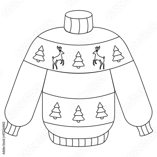 Christmas jumper with deer. Sketch. Pullover. Woolen clothes are decorated with Christmas trees and reindeer. Vector illustration. Doodle style. Coloring book for children. Winter knitted jacket.