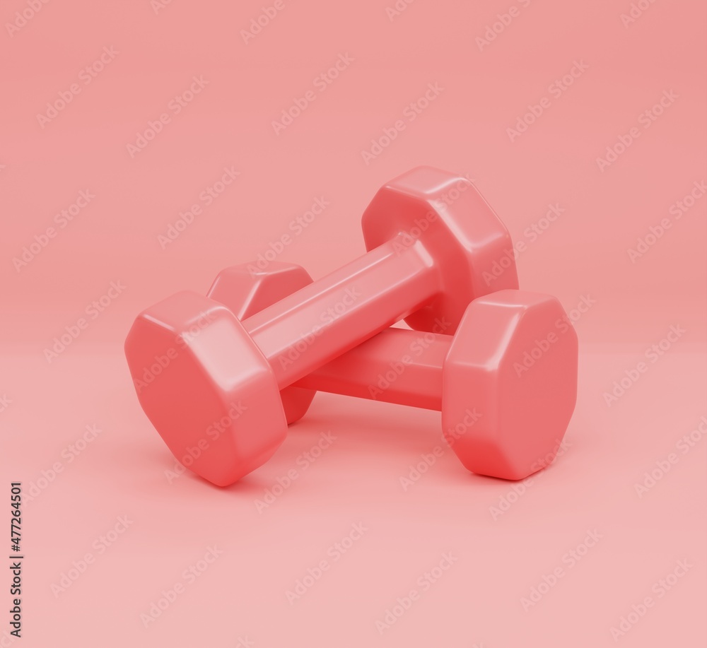 3D illustration, Pink Dumbbell on Pink background. 3D illustration, Pink Dumbbell on Pink background.
